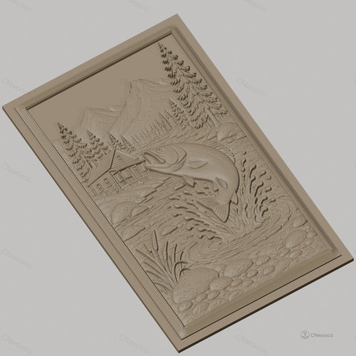 Fichier CNC & impression 3D pêche à la truite, rivière, chalet, montagne, arbres, haute qualité relief STL