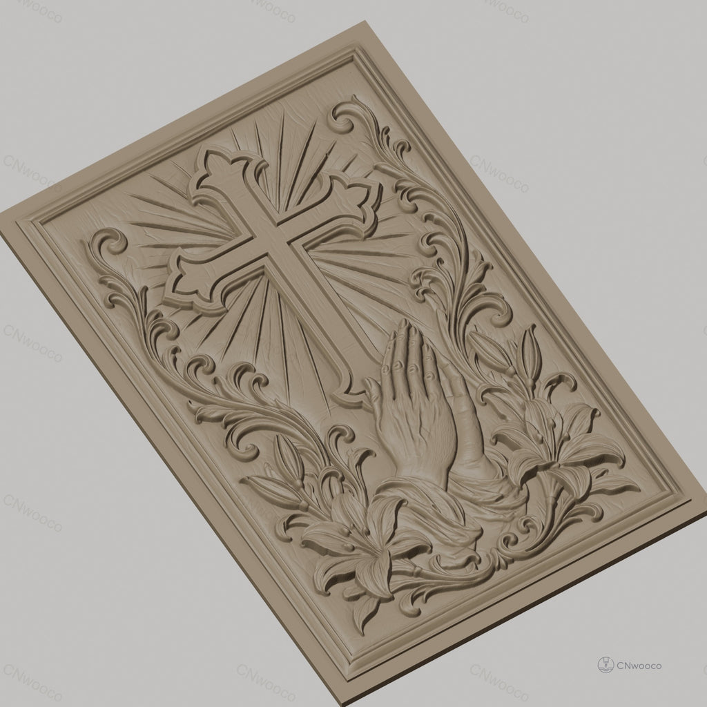 Fichier CNC & impression 3D religieuse, croix, mains en prière, lys, haute qualité relief STL