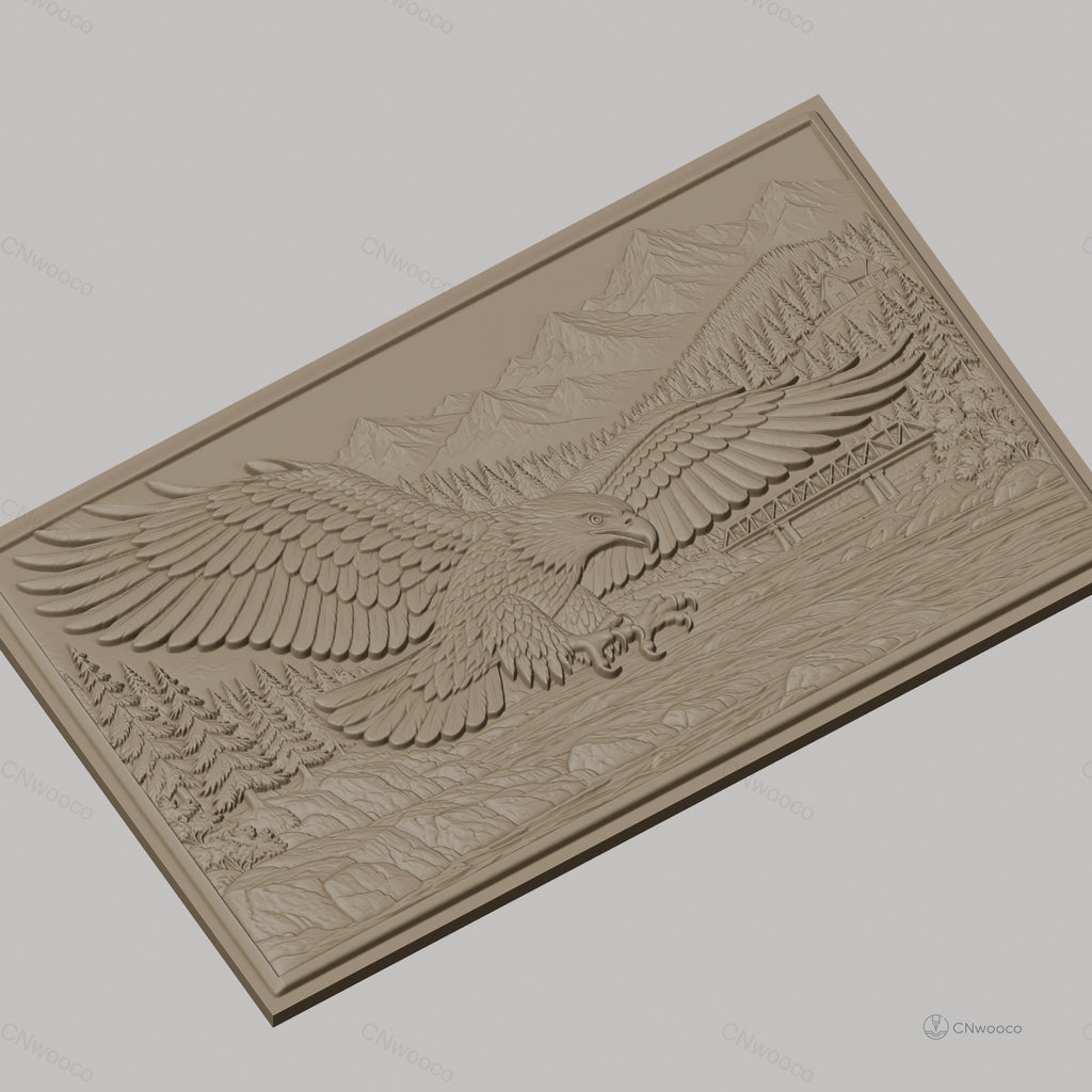 Fichier CNC & impression 3D aigle en vol, rivière, pont, montagne et forêt, haute qualité relief STL