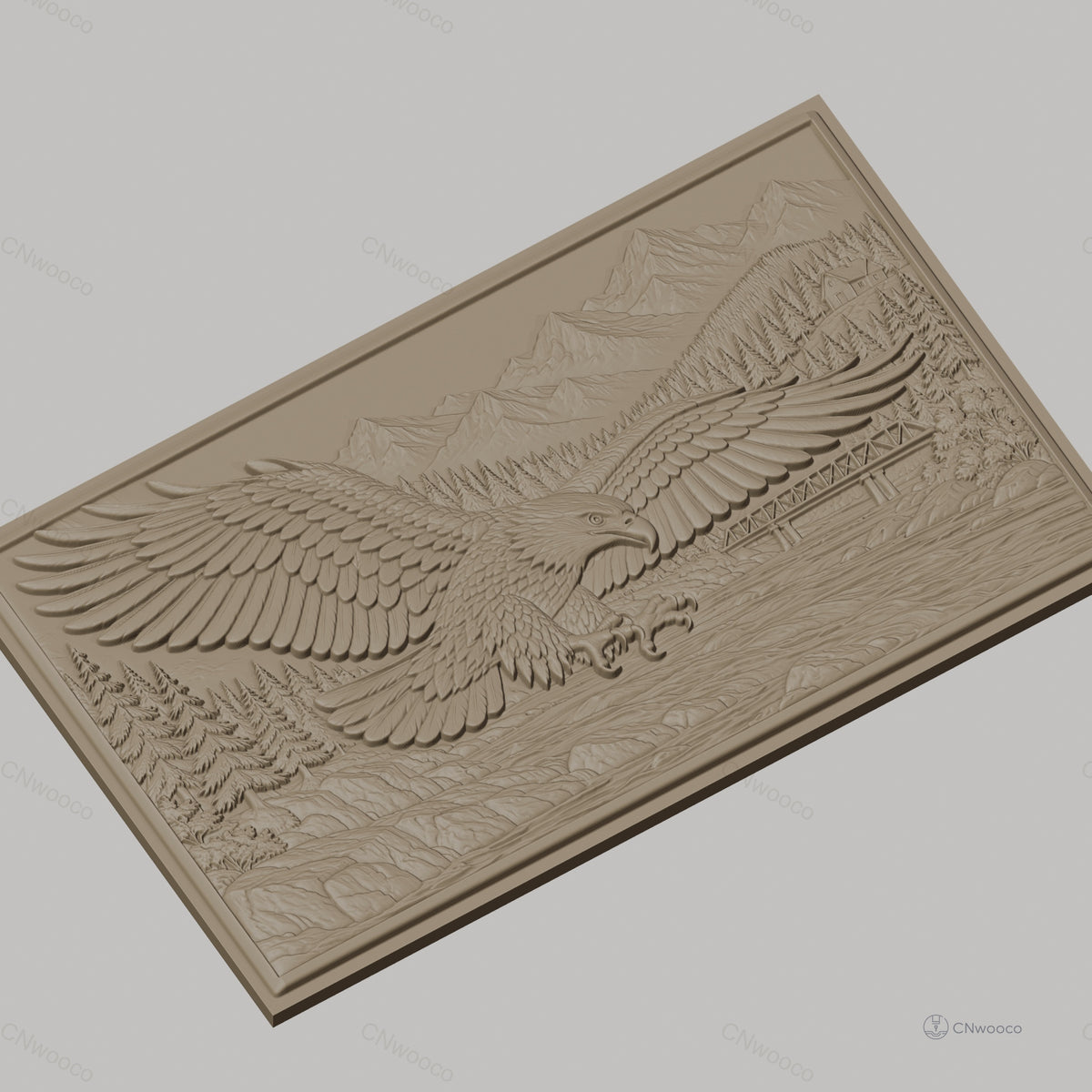 Fichier CNC & impression 3D aigle en vol, rivière, pont, montagne et forêt, haute qualité relief STL