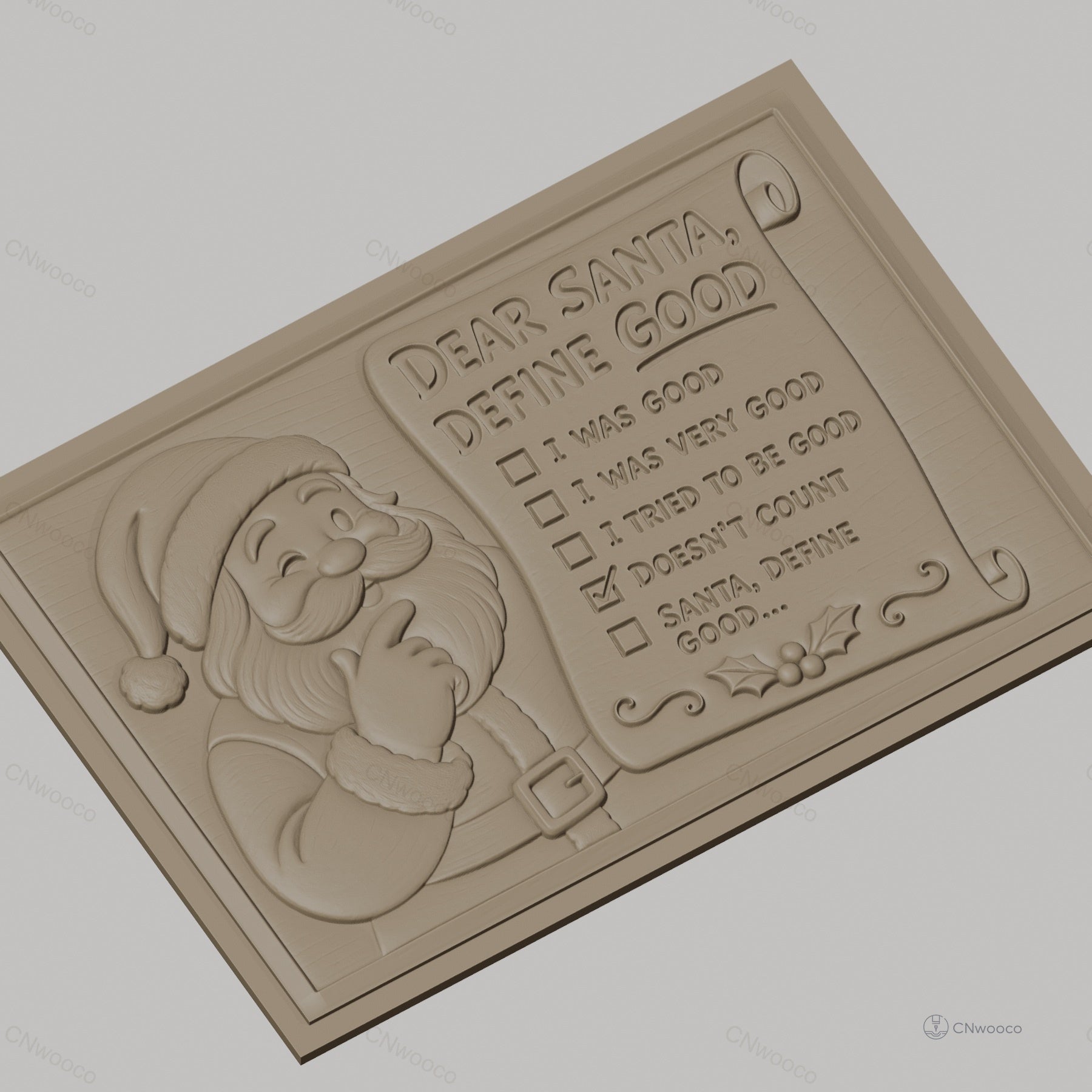 Fichier CNC & impression 3D Père Noël pensif, liste drôle Noël, haute qualité relief STL