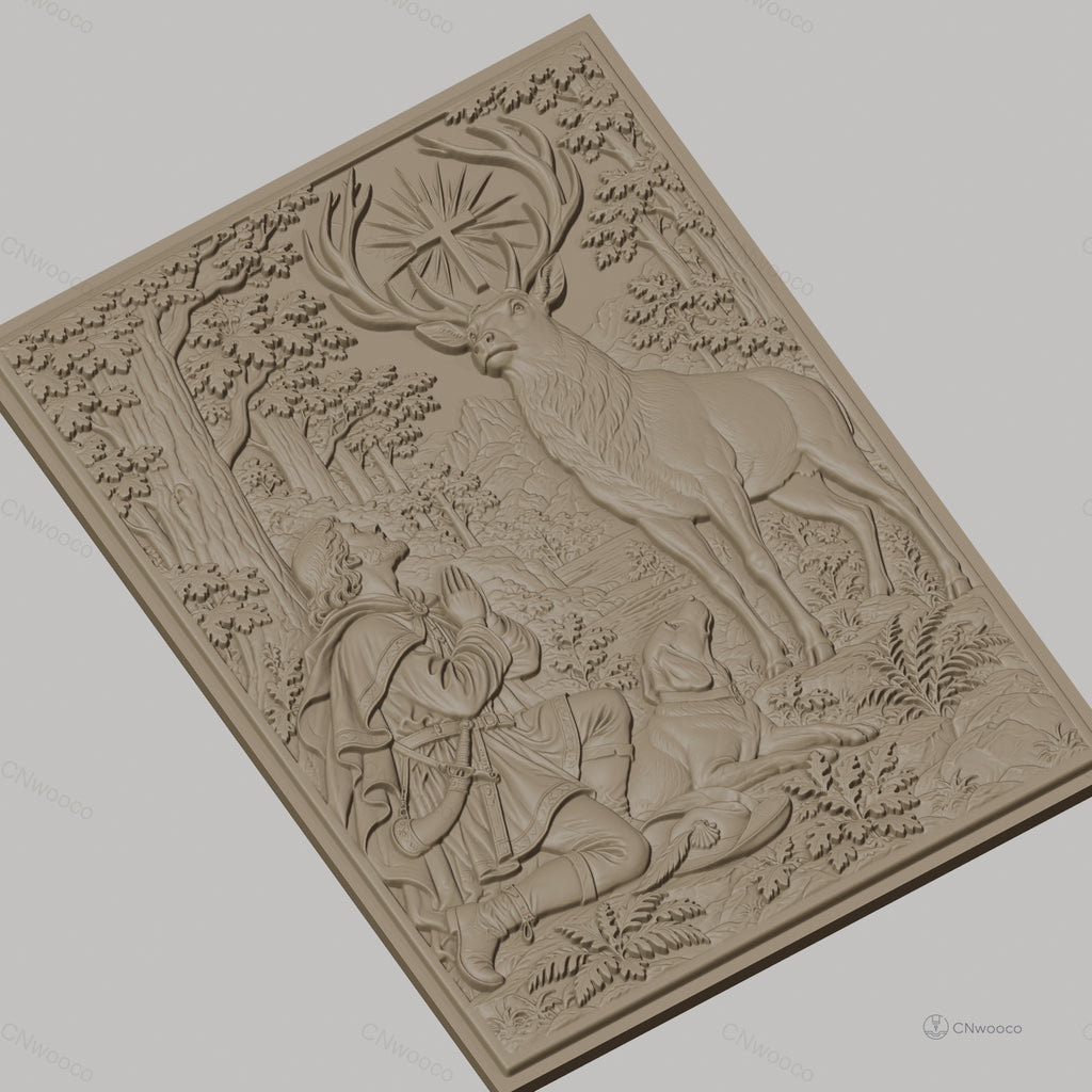 Fichier CNC & impression 3D Saint Hubert, cerf avec croix lumineuse et chasseur en prière, haute qualité relief STL