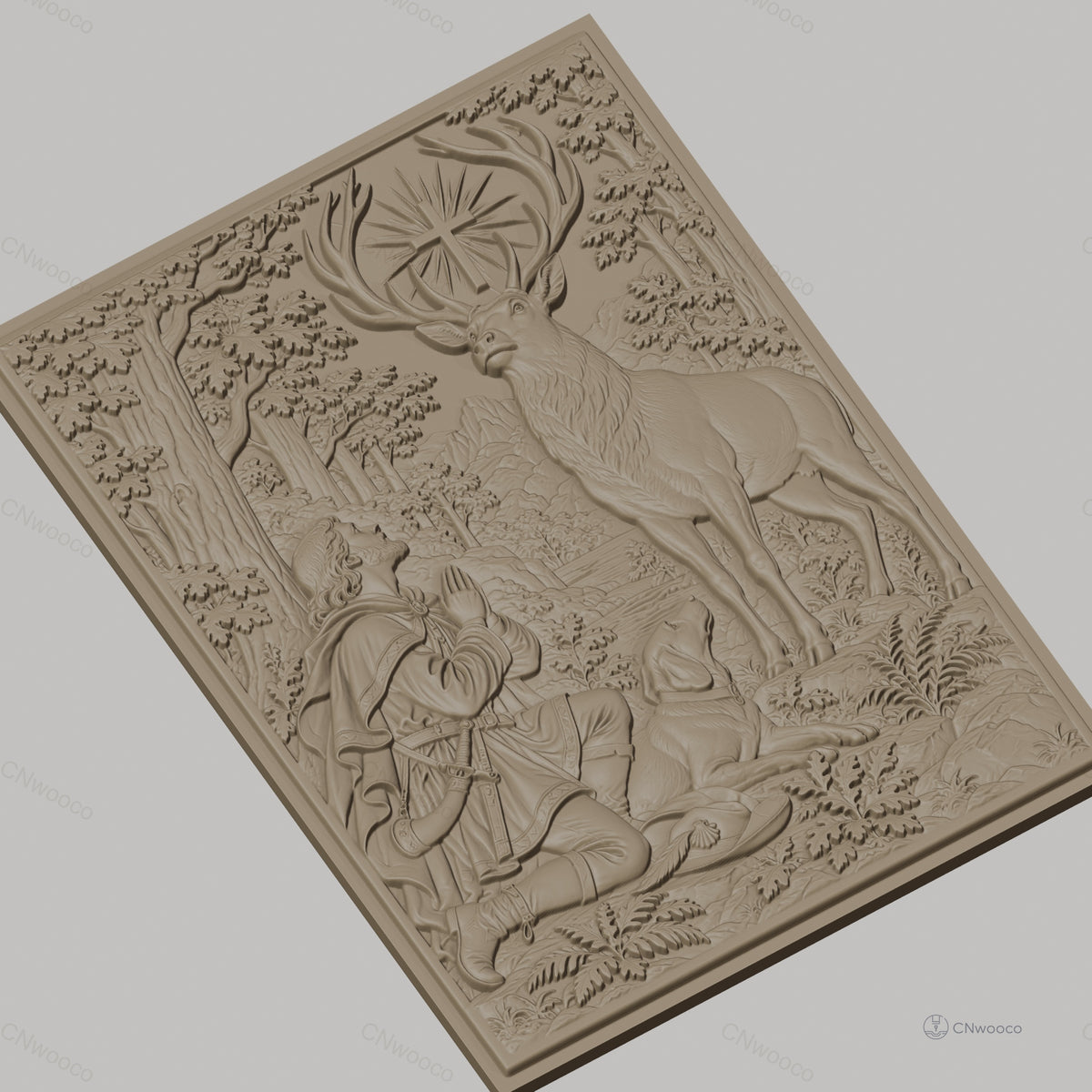 Fichier CNC & impression 3D Saint Hubert, cerf avec croix lumineuse et chasseur en prière, haute qualité relief STL