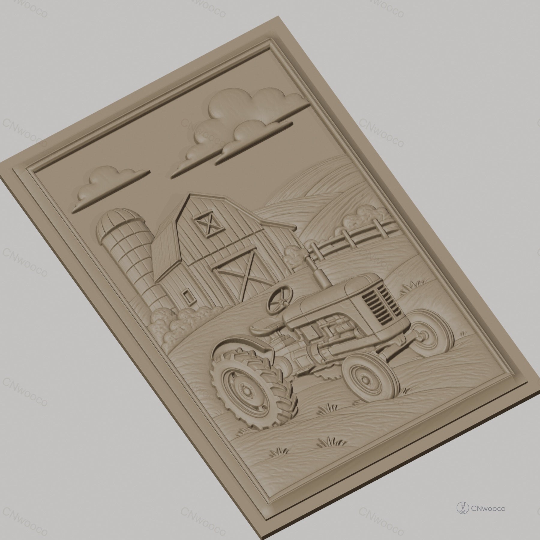Fichier CNC & impression 3D ferme avec tracteur et grange, paysage champêtre, haute qualité relief STL