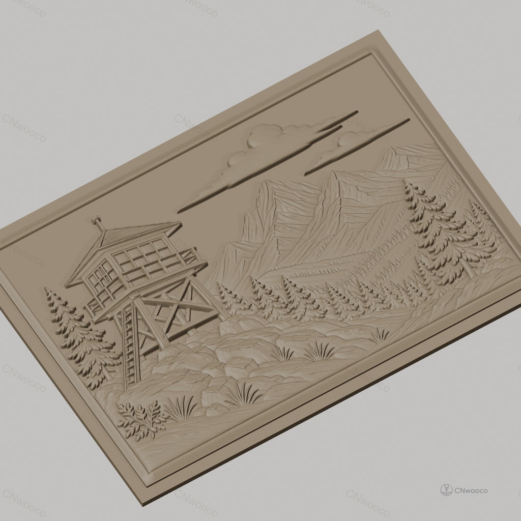 Fichier CNC & impression 3D paysage montagne avec tour de guet et forêt, haute qualité relief STL