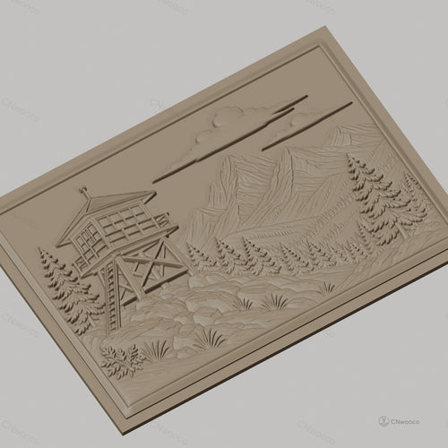 Fichier CNC & impression 3D paysage montagne avec tour de guet et forêt, haute qualité relief STL