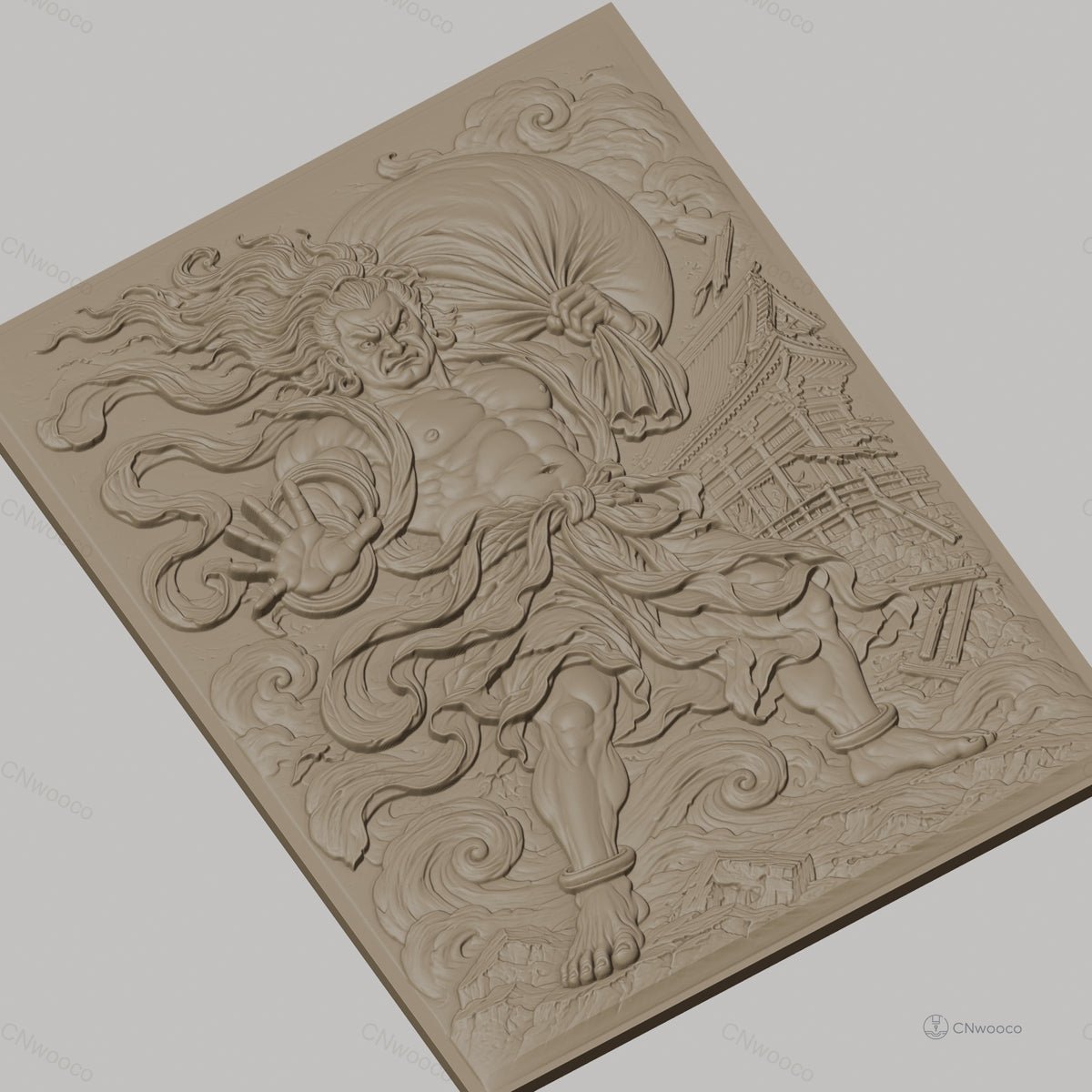 Fichier CNC & impression 3D guerrier japonais, temple traditionnel, nuages tourbillonnants, haute qualité relief STL