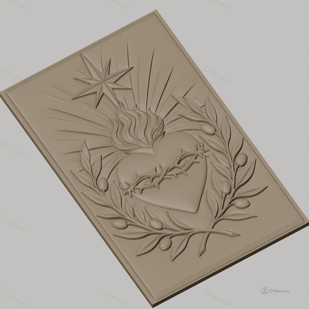Fichier CNC & impression 3D Sacré-Cœur, couronne d'épines, flamme et feuilles d'olivier, haute qualité relief STL