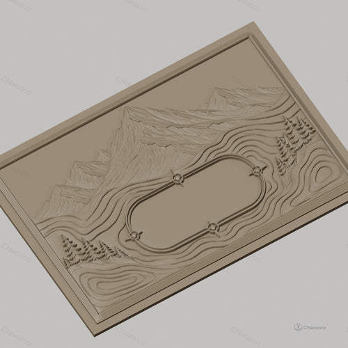 Fichier CNC & impression 3D paysage montagneux avec pins et espace texte, haute qualité relief STL