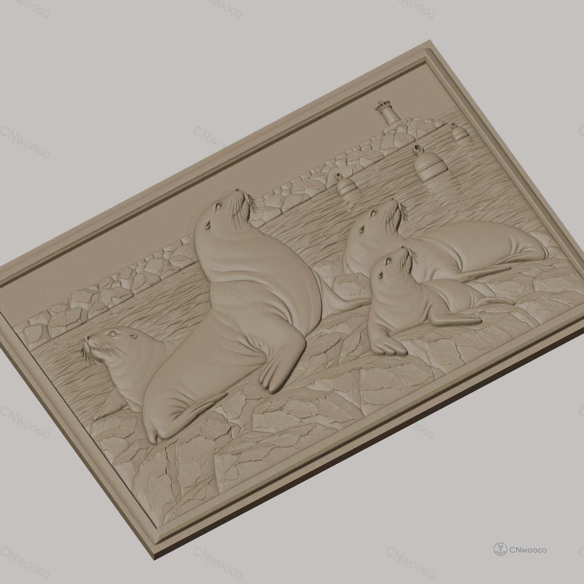 Fichier CNC & impression 3D phoques sur rochers avec phare et bouées haute qualité relief STL