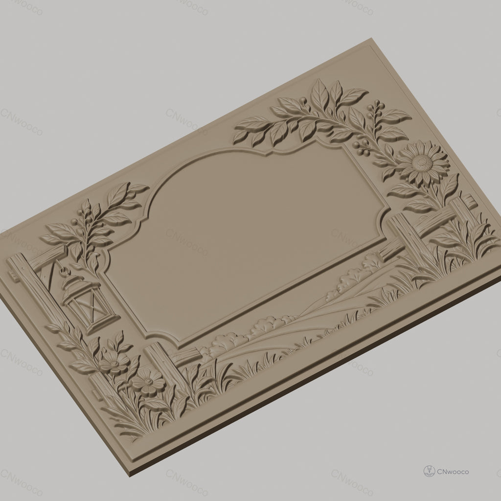 Fichier CNC & impression 3D cadre campagnard avec fleurs, lanterne et paysage, haute qualité relief STL