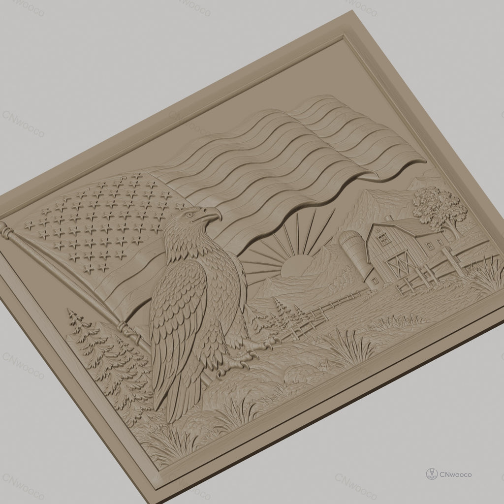Fichier CNC & impression 3D aigle américain, drapeau USA, ferme et montagne, haute qualité relief STL