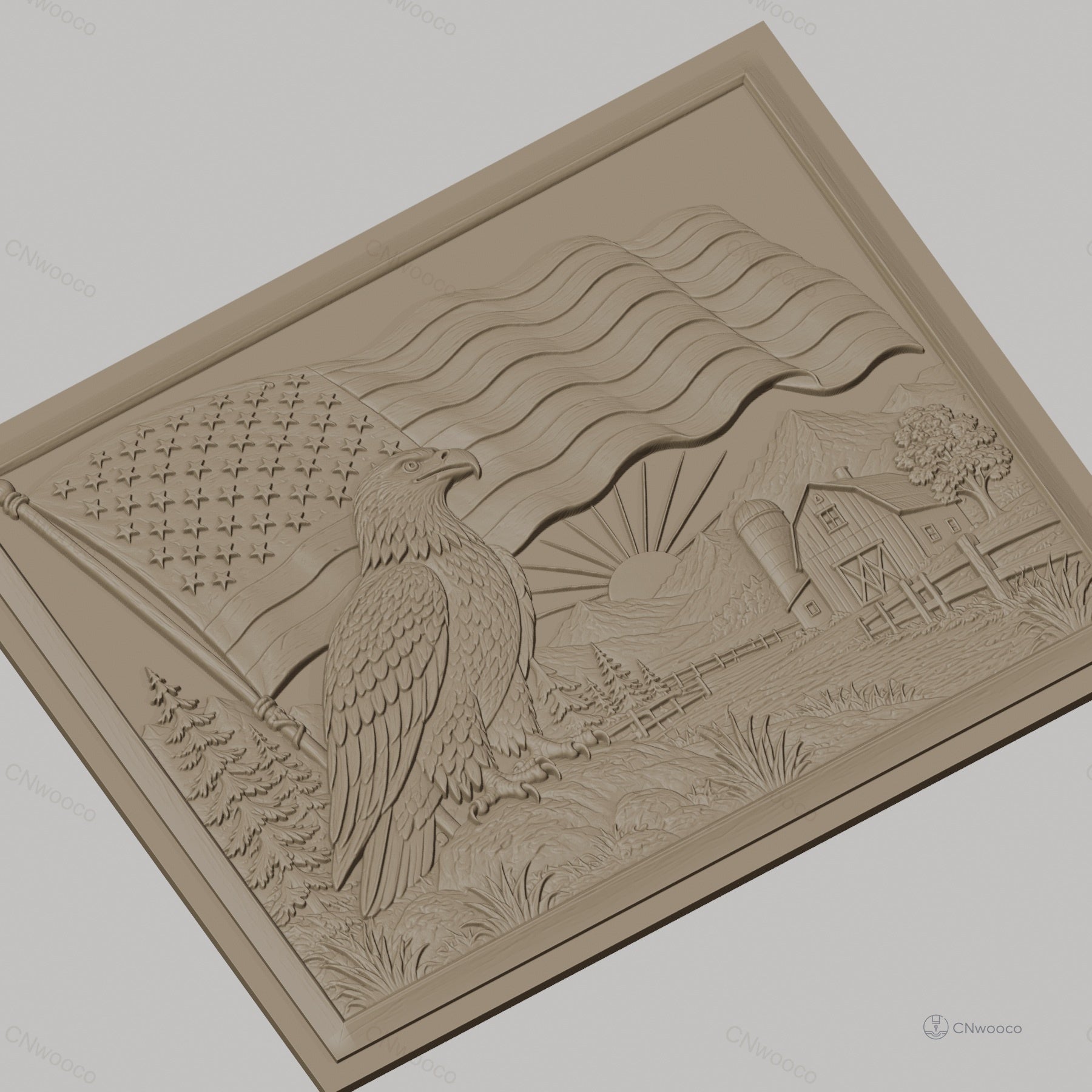 Fichier CNC & impression 3D aigle américain, drapeau USA, ferme et montagne, haute qualité relief STL