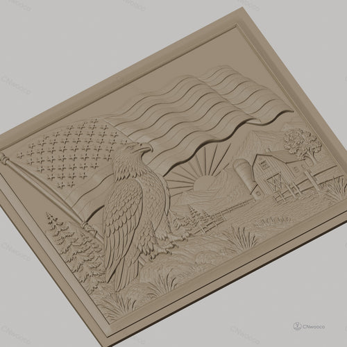 Fichier CNC & impression 3D aigle américain, drapeau USA, ferme et montagne, haute qualité relief STL