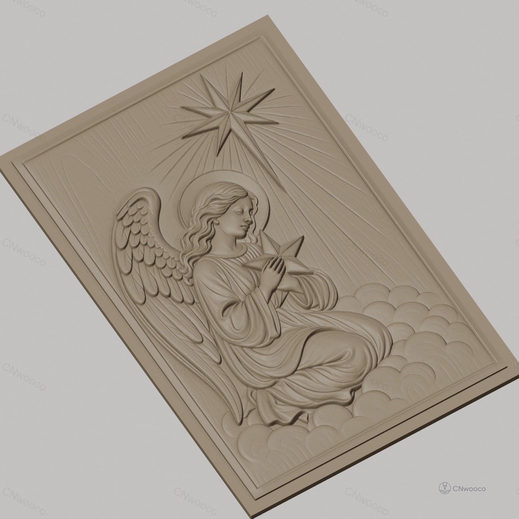 Fichier CNC & impression 3D ange agenouillé, étoile et nuages, haute qualité relief STL