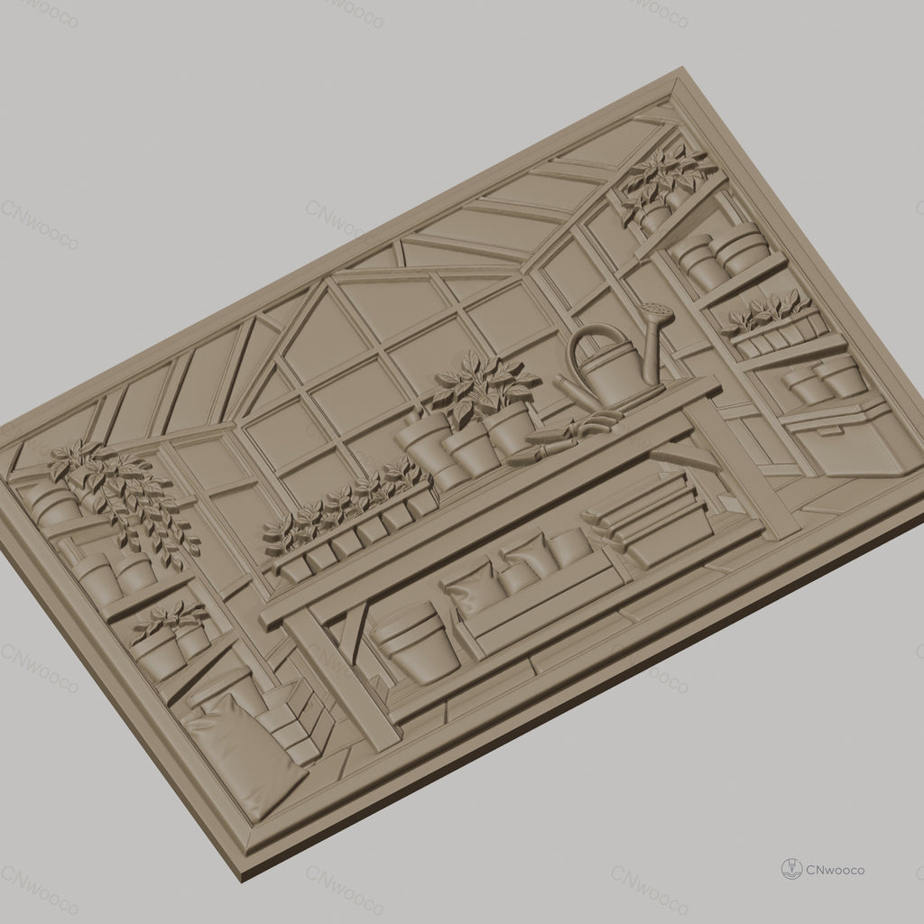 Fichier CNC & impression 3D serre de jardin, table avec pots, outils de jardinage haute qualité relief STL