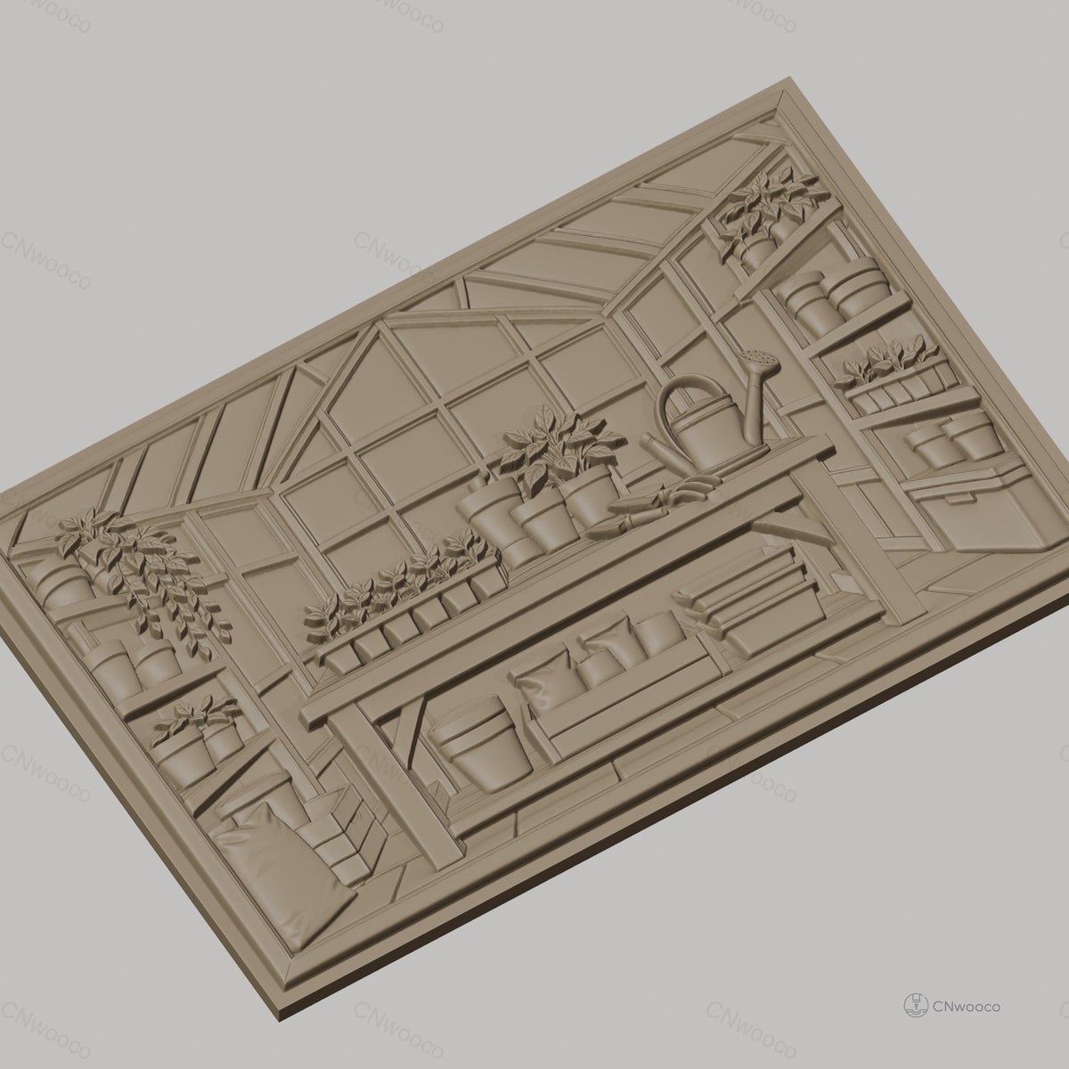 Fichier CNC & impression 3D serre de jardin, table avec pots, outils de jardinage haute qualité relief STL
