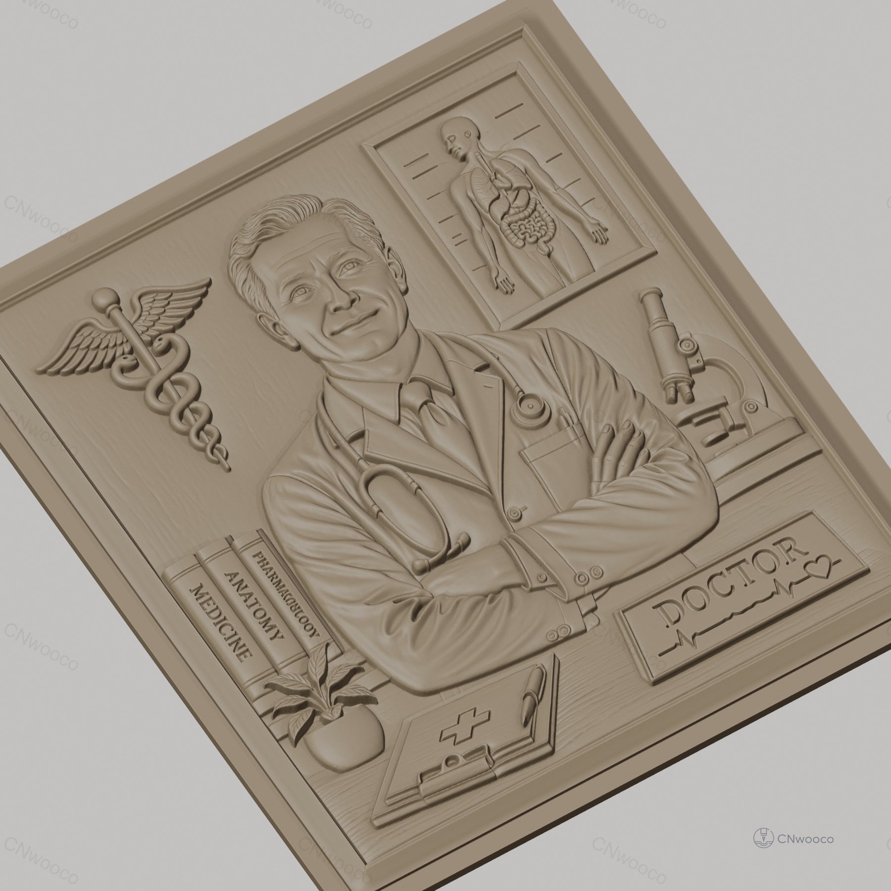 Fichier CNC & impression 3D relief médecin, docteur avec stéthoscope et symbole médical, haute qualité relief STL