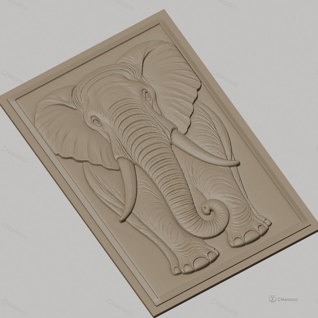 Fichier CNC & impression 3D éléphant frontal, relief avec trompe et défenses, haute qualité relief STL
