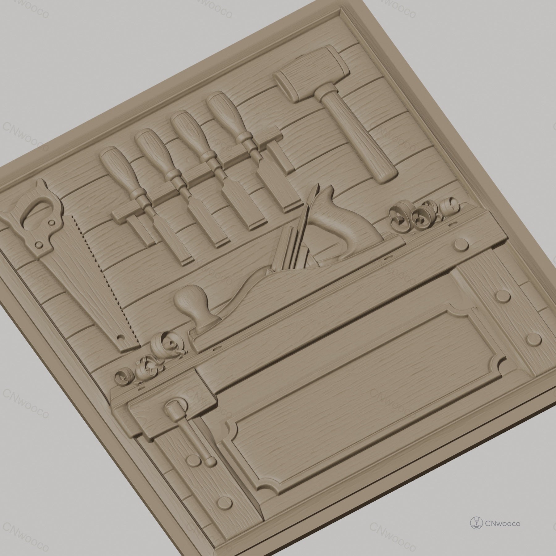 Fichier CNC & impression 3D atelier de menuiserie, établi, rabot, marteau, ciseaux à bois, scie, haute qualité relief STL
