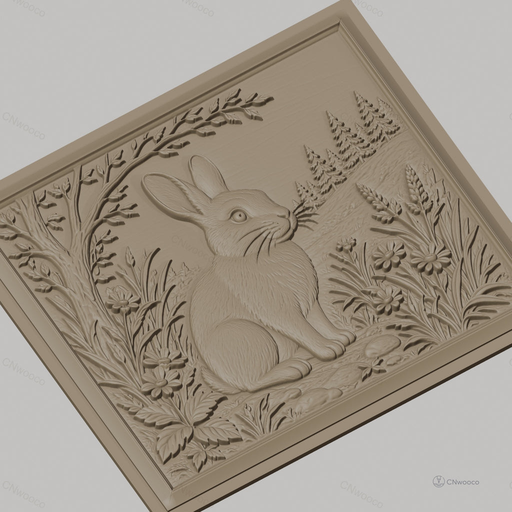 Fichier CNC & impression 3D lapin dans la nature avec fleurs et arbre, haute qualité relief STL