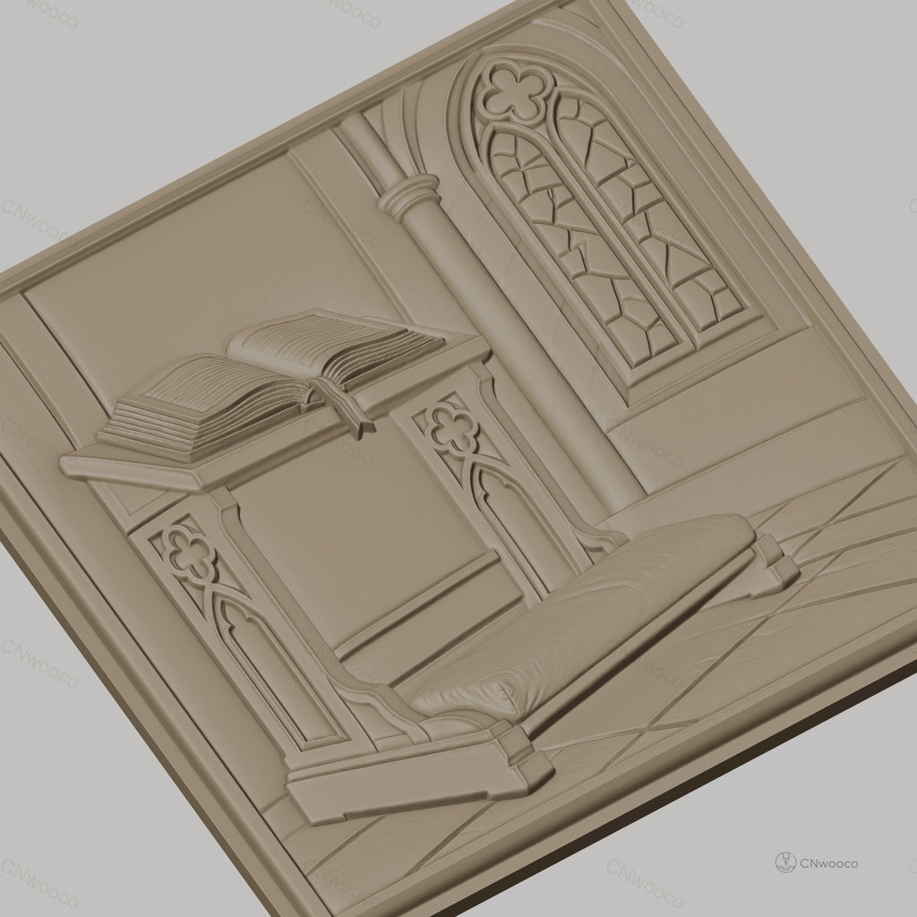 Fichier CNC & impression 3D pupitre de prière, livre ouvert et fenêtre gothique, haute qualité relief STL