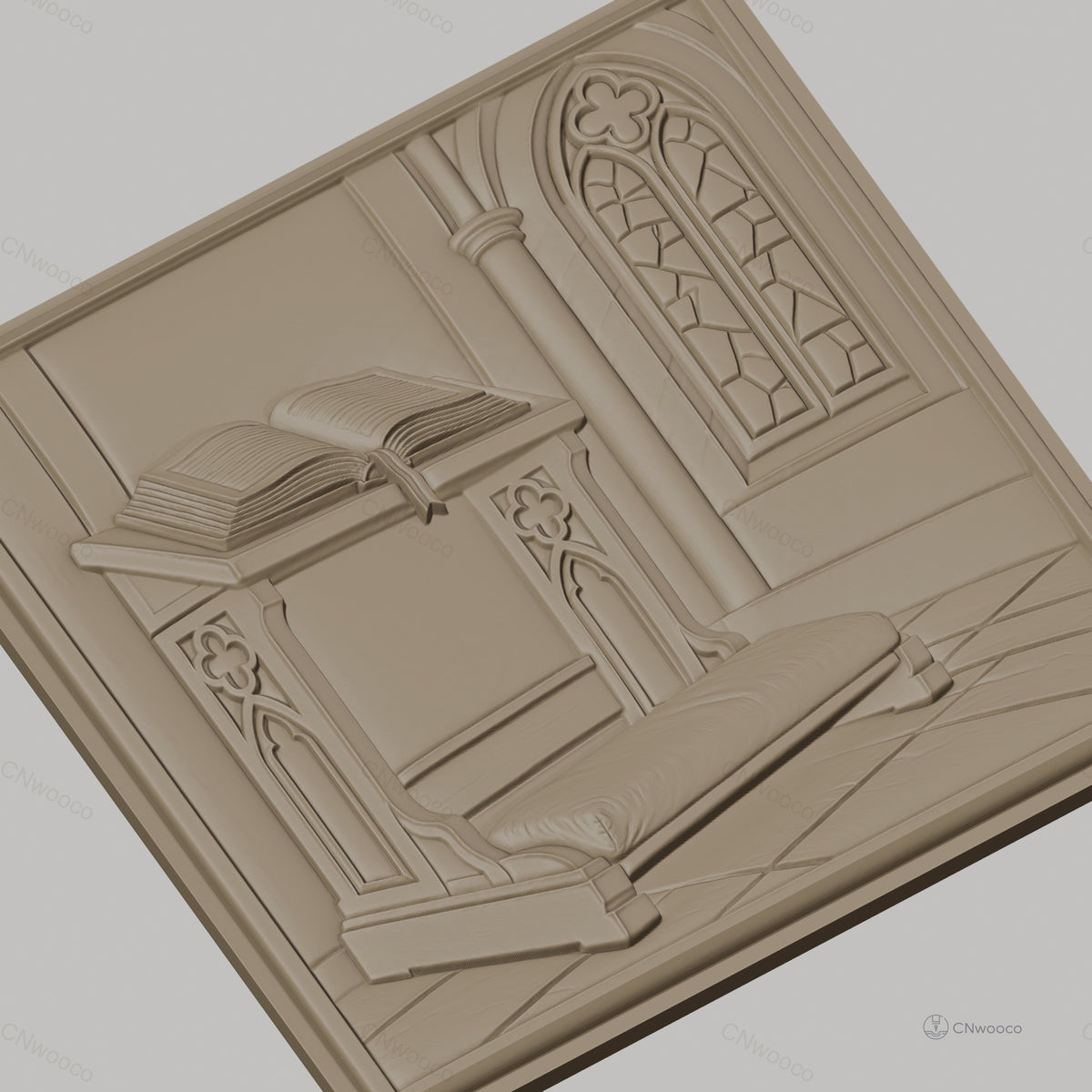 Fichier CNC & impression 3D pupitre de prière, livre ouvert et fenêtre gothique, haute qualité relief STL