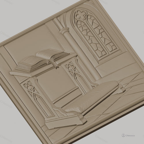 Fichier CNC & impression 3D pupitre de prière, livre ouvert et fenêtre gothique, haute qualité relief STL