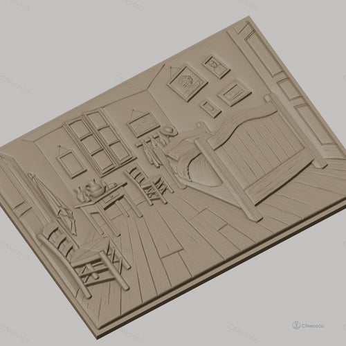 Fichier CNC & impression 3D chambre ancienne, lit, chaise, table, tableaux, haute qualité relief STL