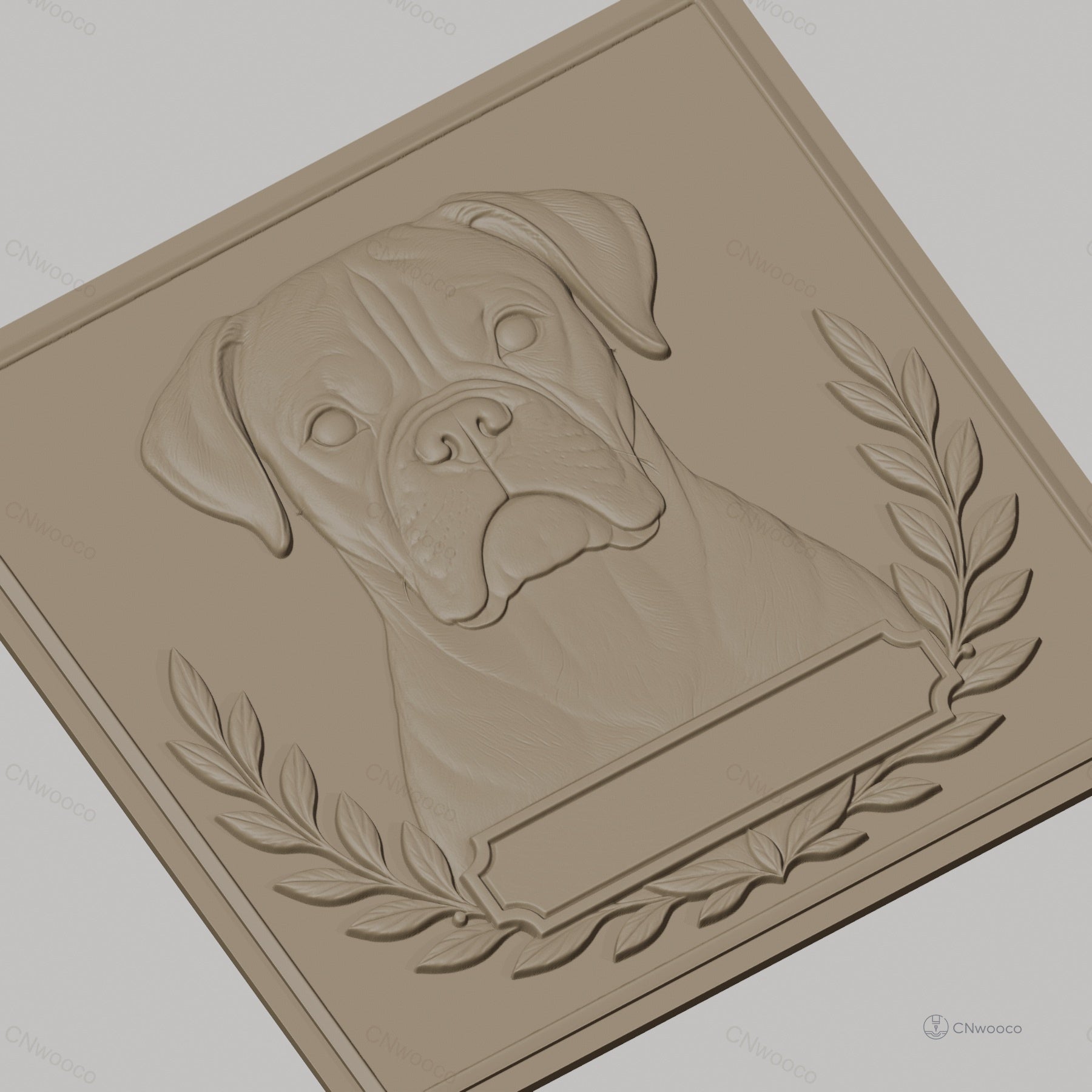 Fichier CNC & impression 3D chien boxer portrait cadre feuilles décoration haute qualité relief STL