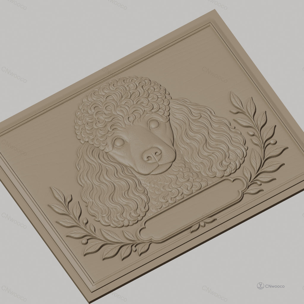 Fichier CNC & impression 3D chien caniche portrait, feuilles décoratives, haute qualité relief STL