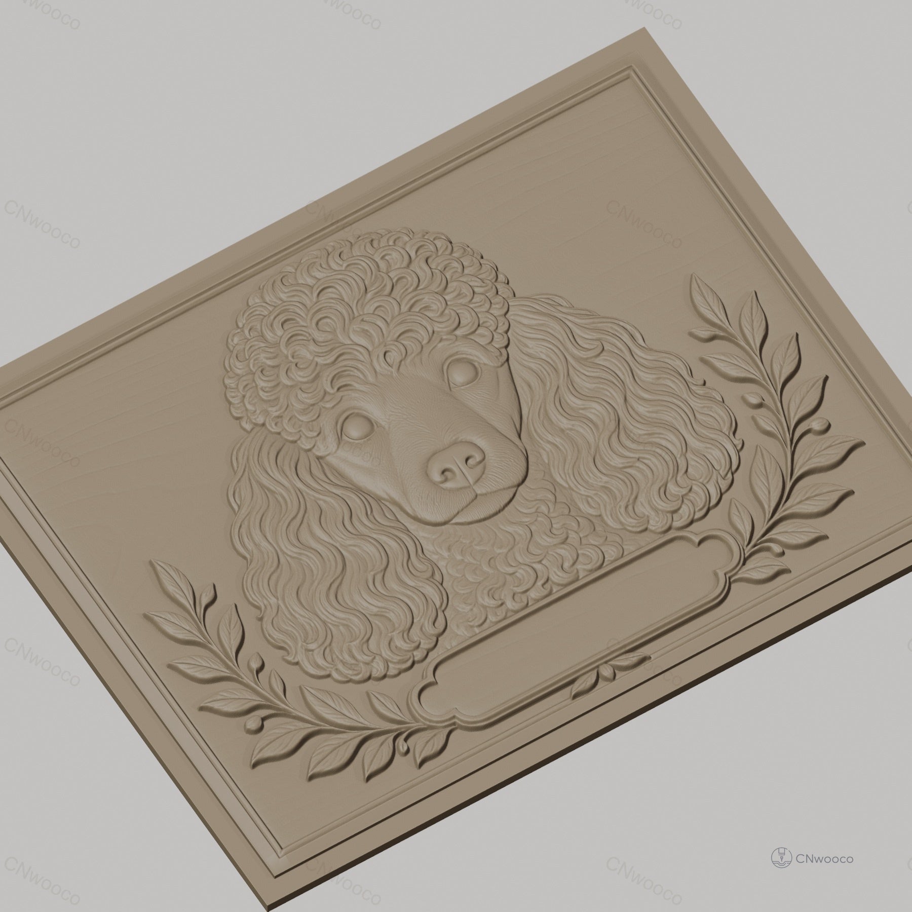 Fichier CNC & impression 3D chien caniche portrait, feuilles décoratives, haute qualité relief STL