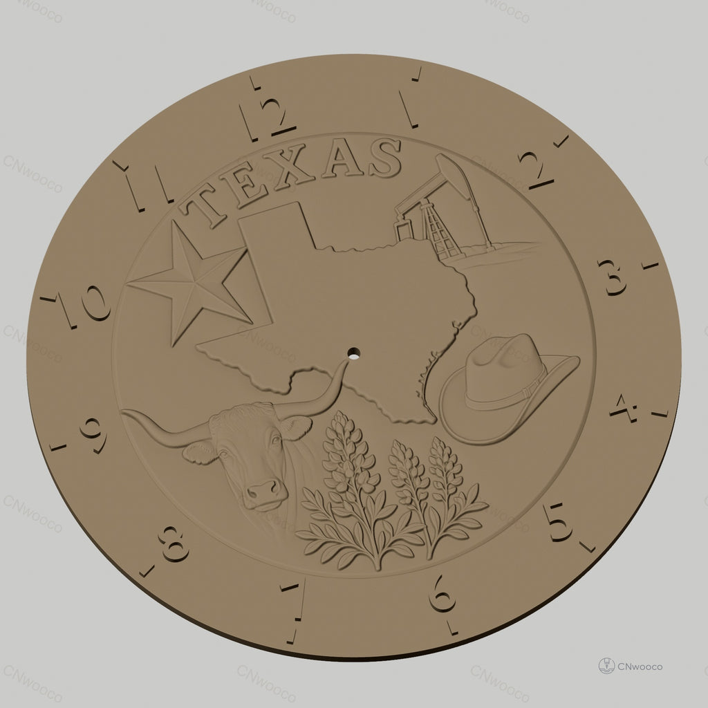 Fichier CNC & impression 3D horloge murale Texas relief avec taureau et chapeau STL
