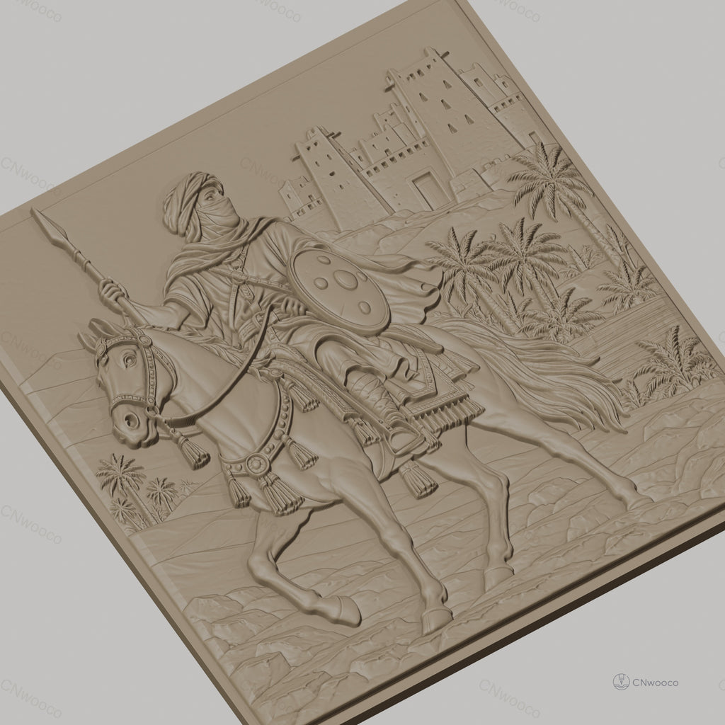 Fichier CNC & impression 3D cavalier arabe, cheval, lance, palmier et forteresse, haute qualité relief STL