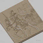 Fichier CNC & impression 3D cavalier arabe, cheval, lance, palmier et forteresse, haute qualité relief STL