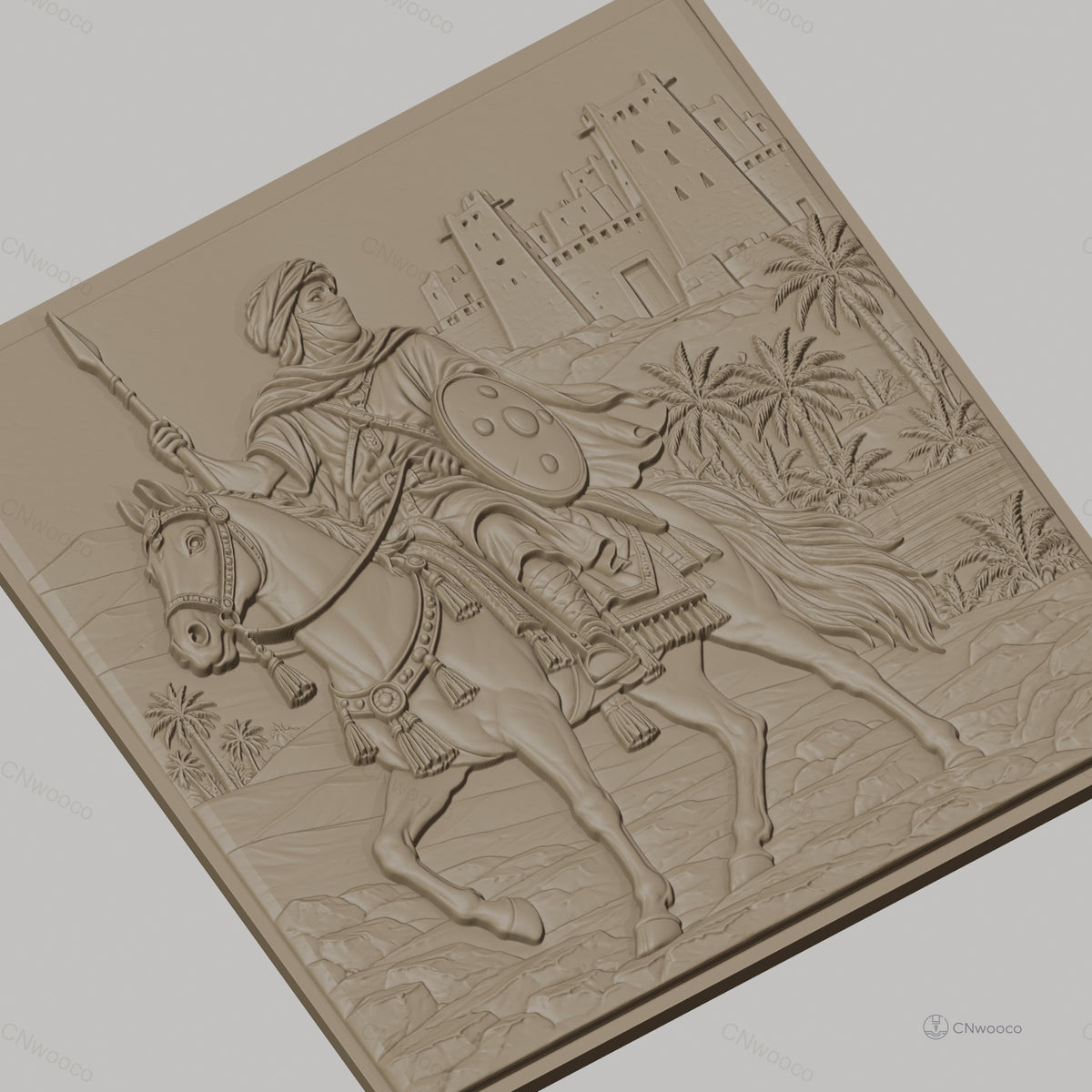 Fichier CNC & impression 3D cavalier arabe, cheval, lance, palmier et forteresse, haute qualité relief STL