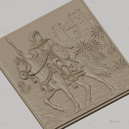 Fichier CNC & impression 3D cavalier arabe, cheval, lance, palmier et forteresse, haute qualité relief STL