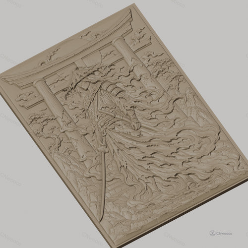 Fichier CNC & impression 3D Samouraï avec katana et torii, paysage japonais, haute qualité relief STL