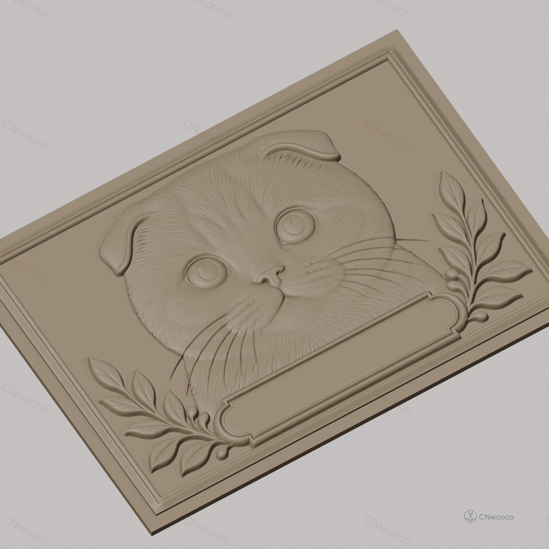 Fichier CNC & impression 3D chat Scottish Fold, visage mignon avec feuilles décoratives, haute qualité relief STL