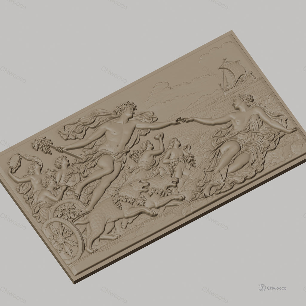 Fichier CNC & impression 3D scène mythologique Apollon et déesse, chars, léopards et bateau, haute qualité relief STL