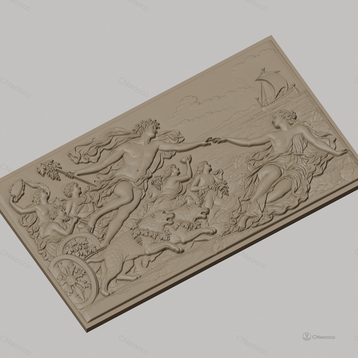 Fichier CNC & impression 3D scène mythologique Apollon et déesse, chars, léopards et bateau, haute qualité relief STL