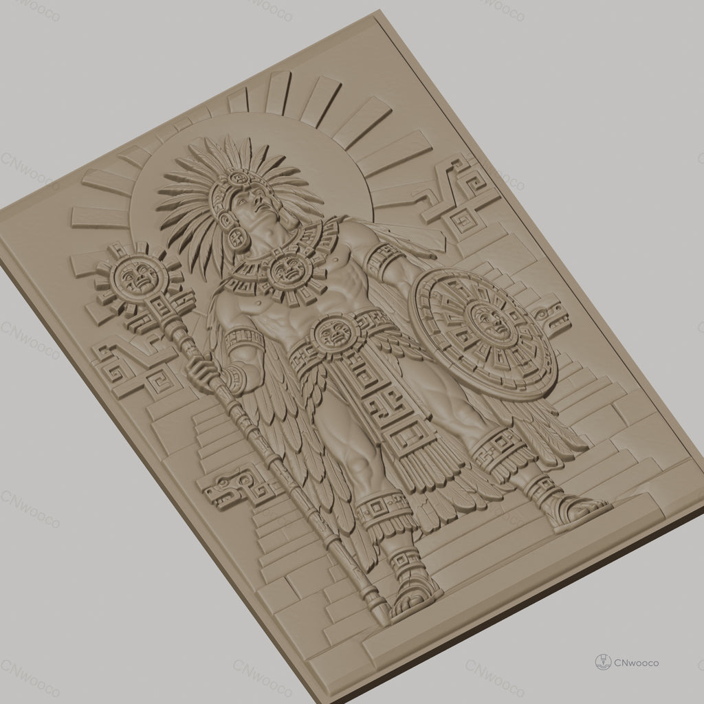 Fichier CNC & impression 3D guerrier aztèque, pyramides, bouclier et sceptre, haute qualité relief STL