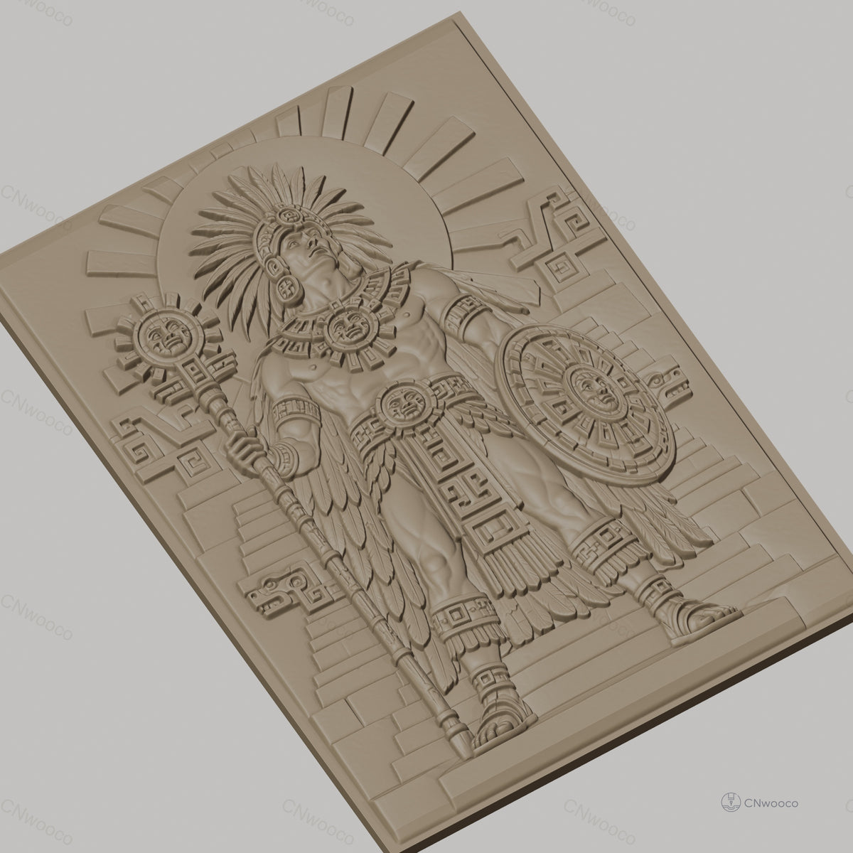Fichier CNC & impression 3D guerrier aztèque, pyramides, bouclier et sceptre, haute qualité relief STL