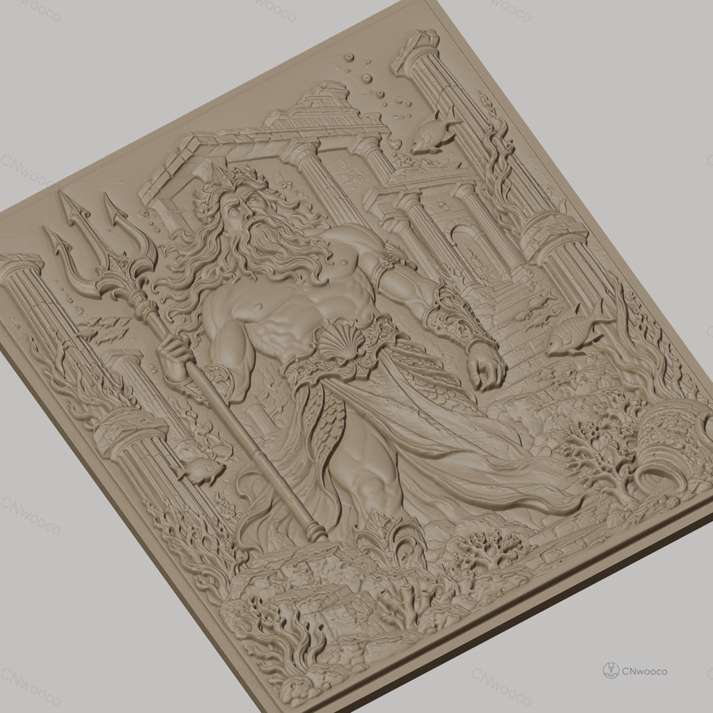 Fichier CNC & impression 3D Poseidon dieu de la mer, trident, ruines antiques, haute qualité relief STL