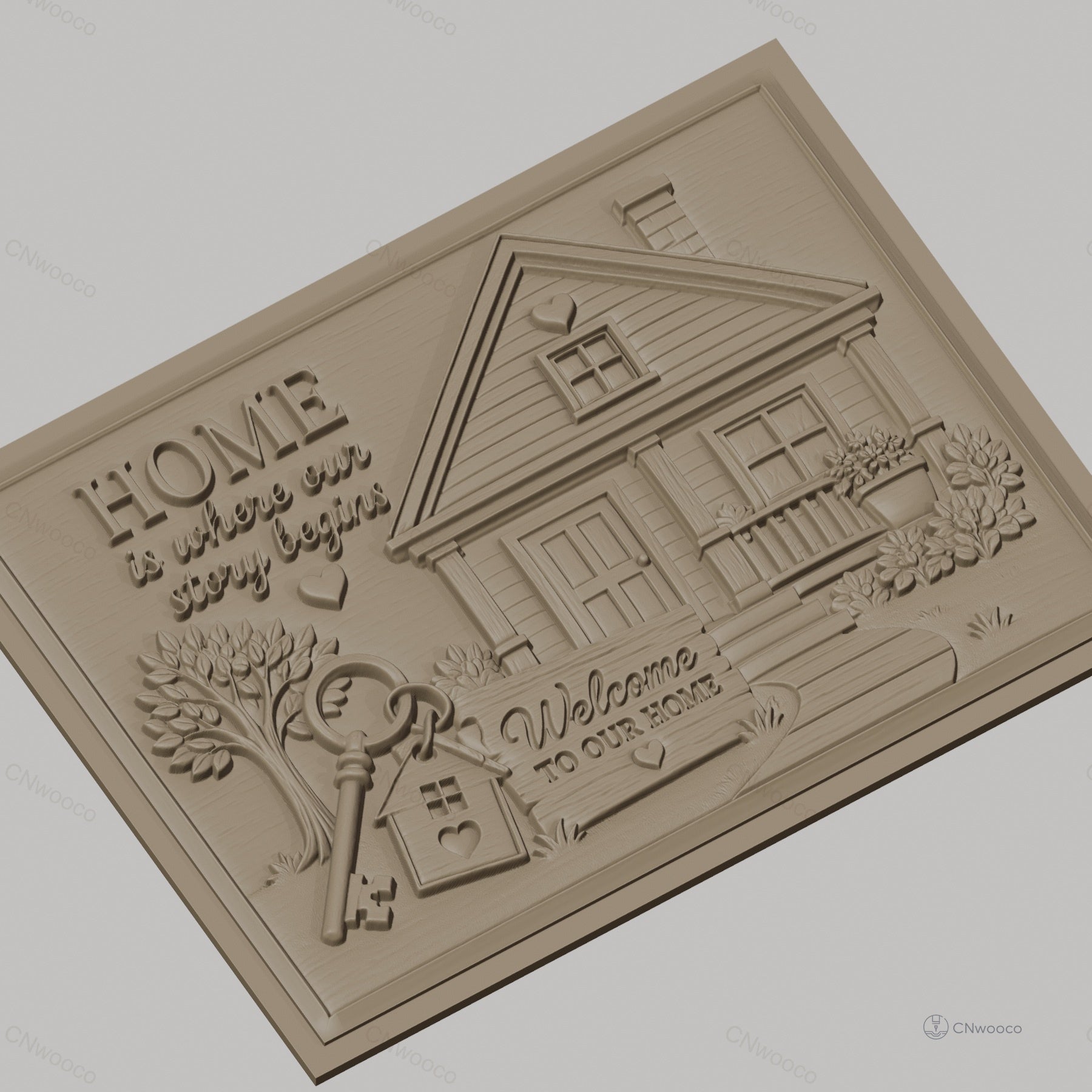 Fichier CNC & impression 3D maison, maison avec clé, arbre, panneau Welcome, haute qualité relief STL