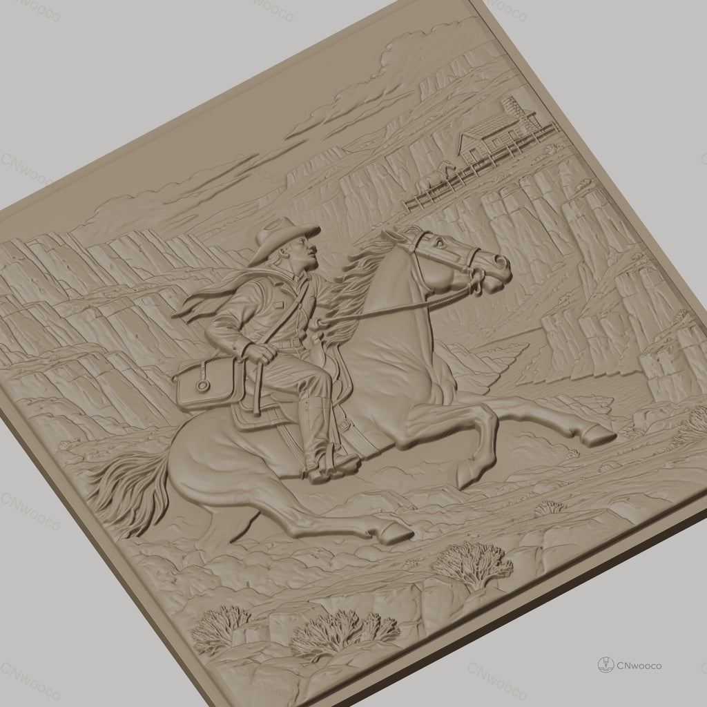 Fichier CNC & impression 3D cavalier western à cheval, paysage canyon et maison, haute qualité relief STL
