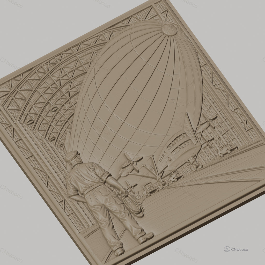 Fichier CNC & impression 3D dirigeable dans hangar avec technicien, haute qualité relief STL