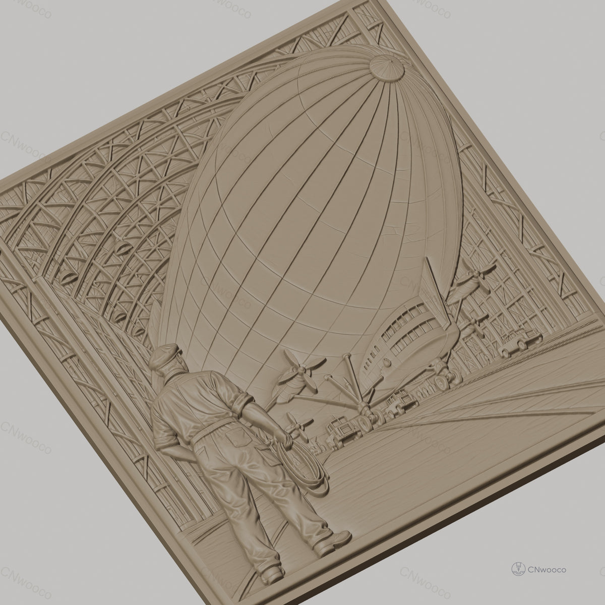Fichier CNC & impression 3D dirigeable dans hangar avec technicien, haute qualité relief STL
