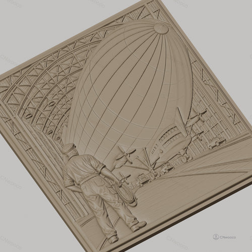 Fichier CNC & impression 3D dirigeable dans hangar avec technicien, haute qualité relief STL