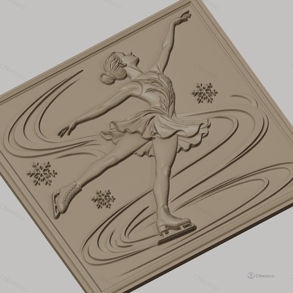 Fichier CNC & impression 3D Patinage artistique, danseuse en mouvement avec flocons de neige, haute qualité relief STL